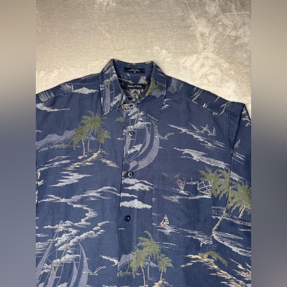 Nautica Men’s Linen Blend Tropical Button Down Hawaiian Blue Collared Shirt M - Picture 2 of 12